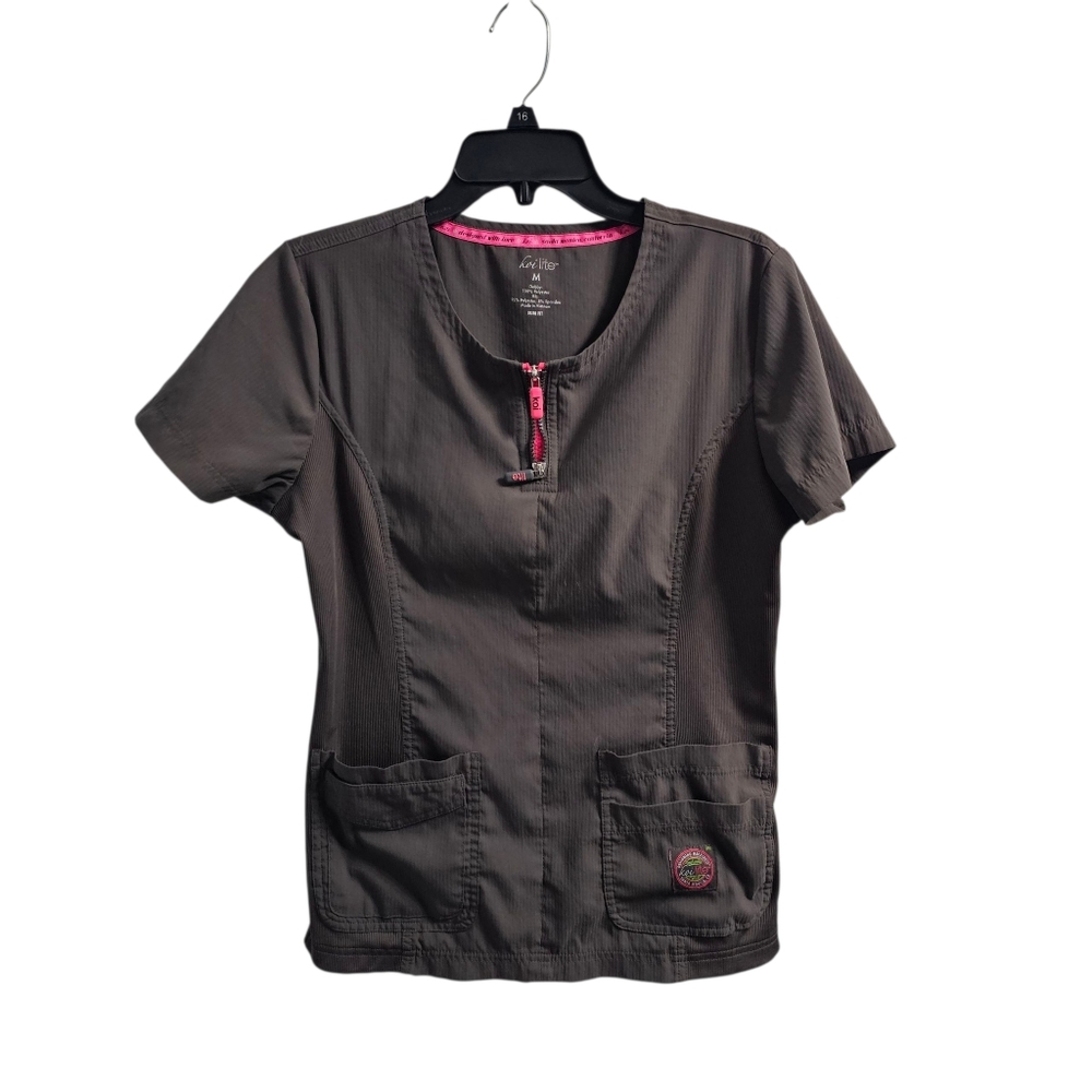 Koi Lite Serenity 4 Pocket Double Zipper Scrub Top Medium Slim Fit Brown Grey